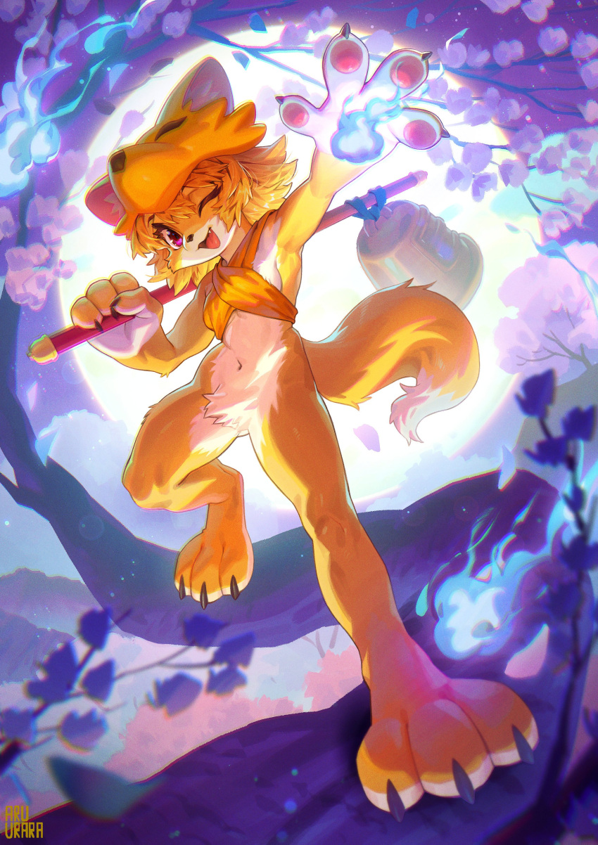 1girl, absurdres, animal_hands, bangs, bell, bottomless, branch, cherry_blossoms