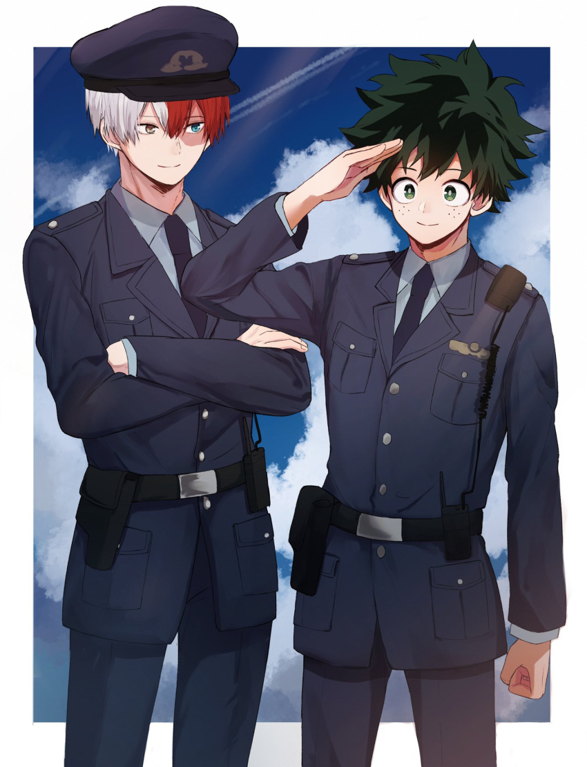 2boys, bangs, belt, black_hair, black_neckwear, black_pants, blue_eyes, blue_jacket