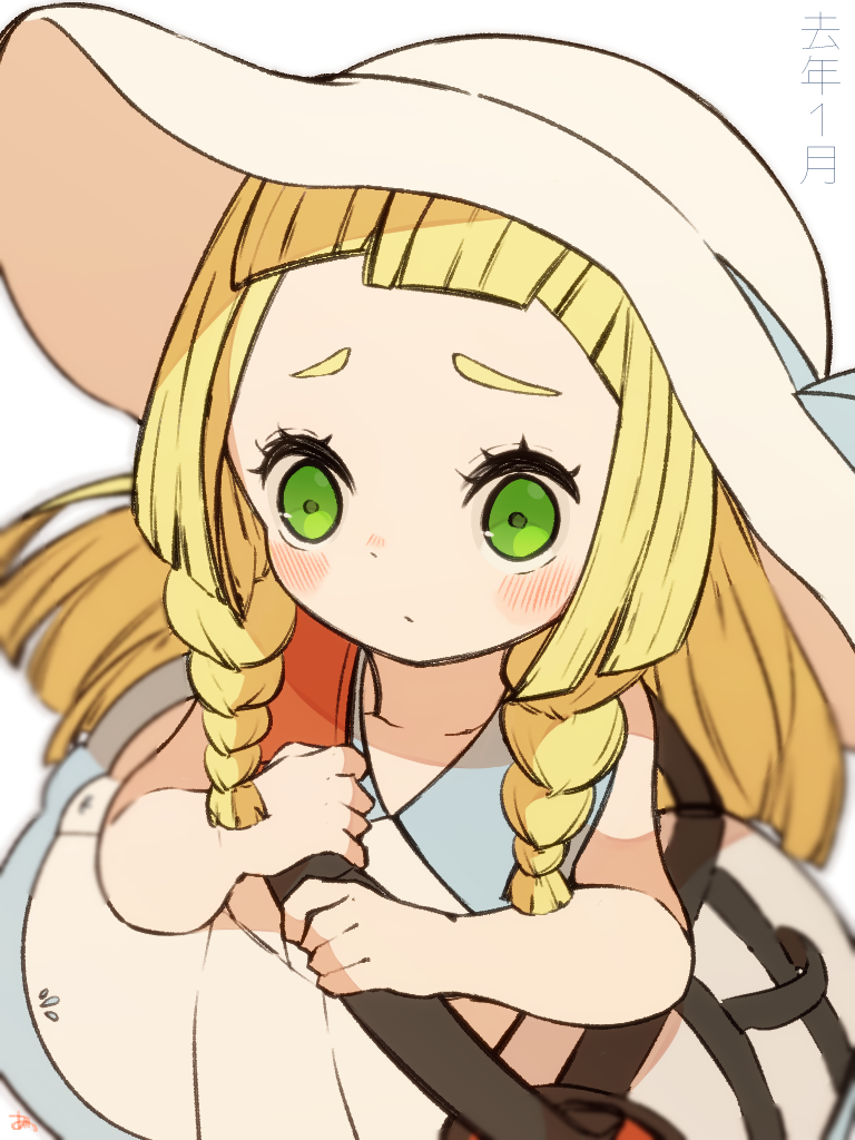 1girl, bag, bangs, bare_arms, blonde_hair, blush, braid, closed_mouth, collarbone, commentary_request, dress, duffel_bag, eyelashes, green_eyes, hands_up, hat, holding_strap, kenshi_(ne5_a2), lillie_(pokemon), long_hair, pokemon, pokemon_(game), pokemon_sm, sleeveless, sleeveless_dress, solo, twin_braids, white_bag, white_dress, younger
