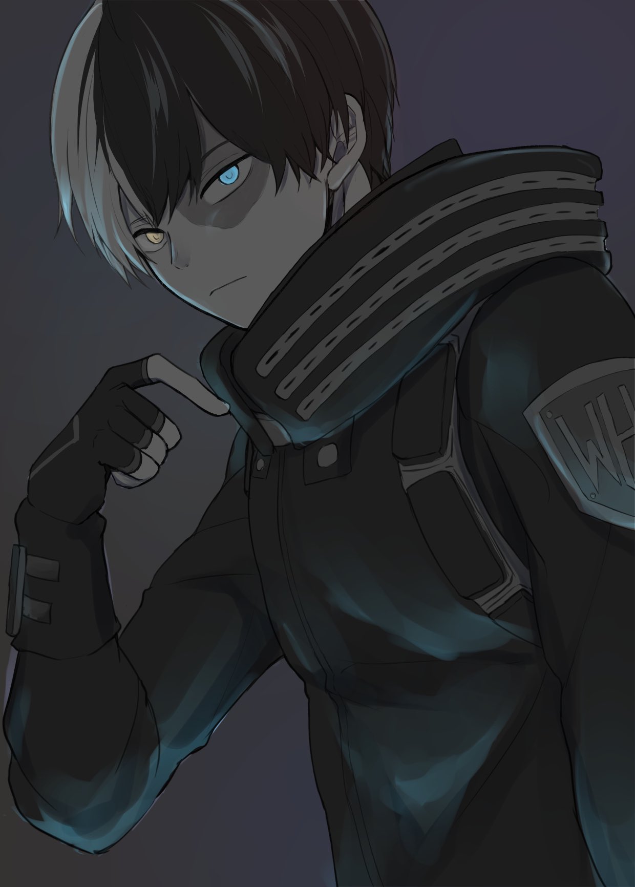 1boy, alternate_hair_color, bangs, black_gloves, black_hair, black_jacket, blue_eyes, boku_no_hero_academia