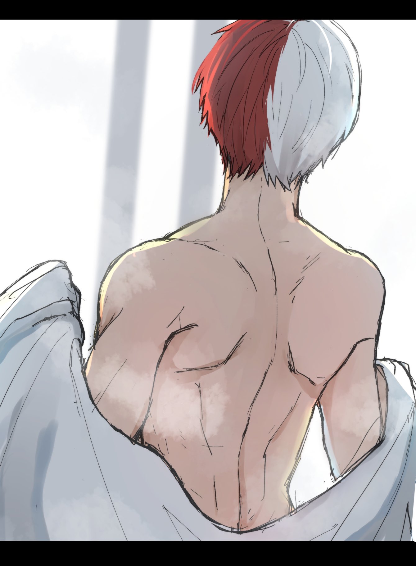 1boy, back, bare_back, boku_no_hero_academia, commentary_request, facing_away, from_behind, hands_up