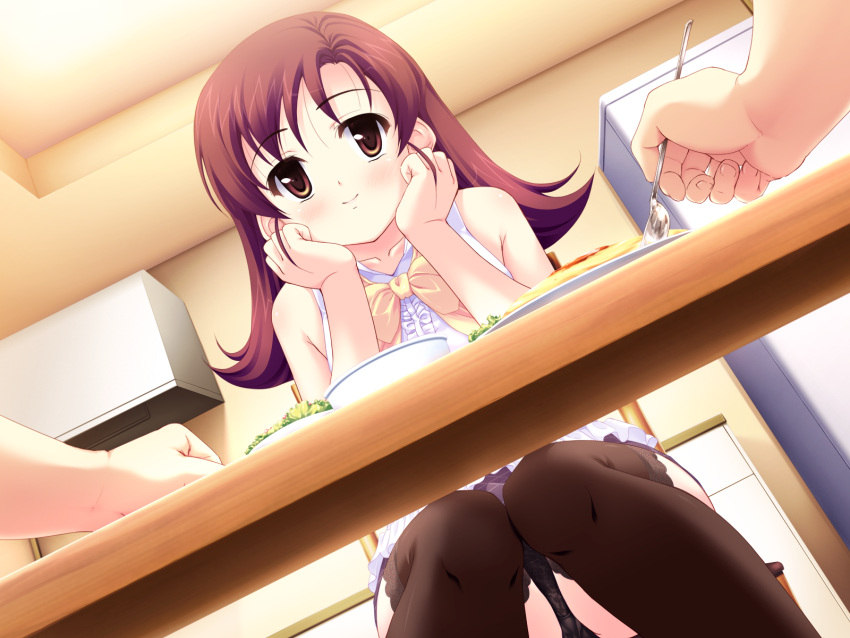 black_panties, black_thighhighs, blush, bow, brown_eyes, dress, earrings, eating