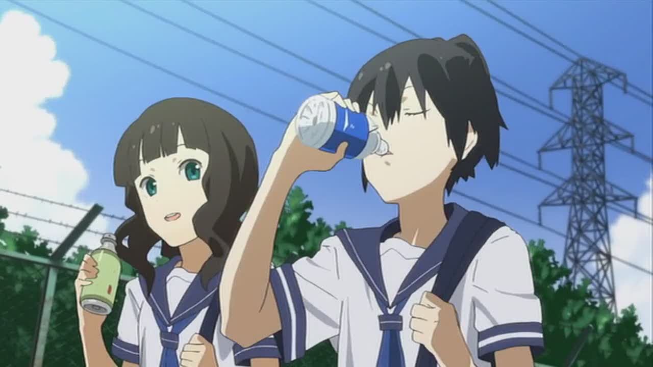 2girls, black_hair, black_rock_shooter, green_eyes, kokui_mato, school_uniform, takanashi_yomi, water