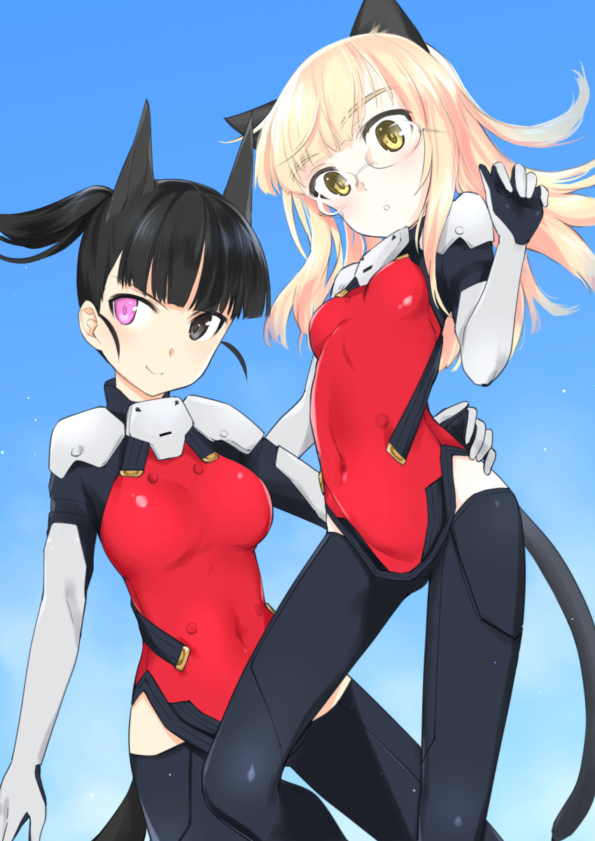2girls, absurdres, alice_gear_aegis, animal_ears, aohashi_ame, bangs, black_hair, black_legwear