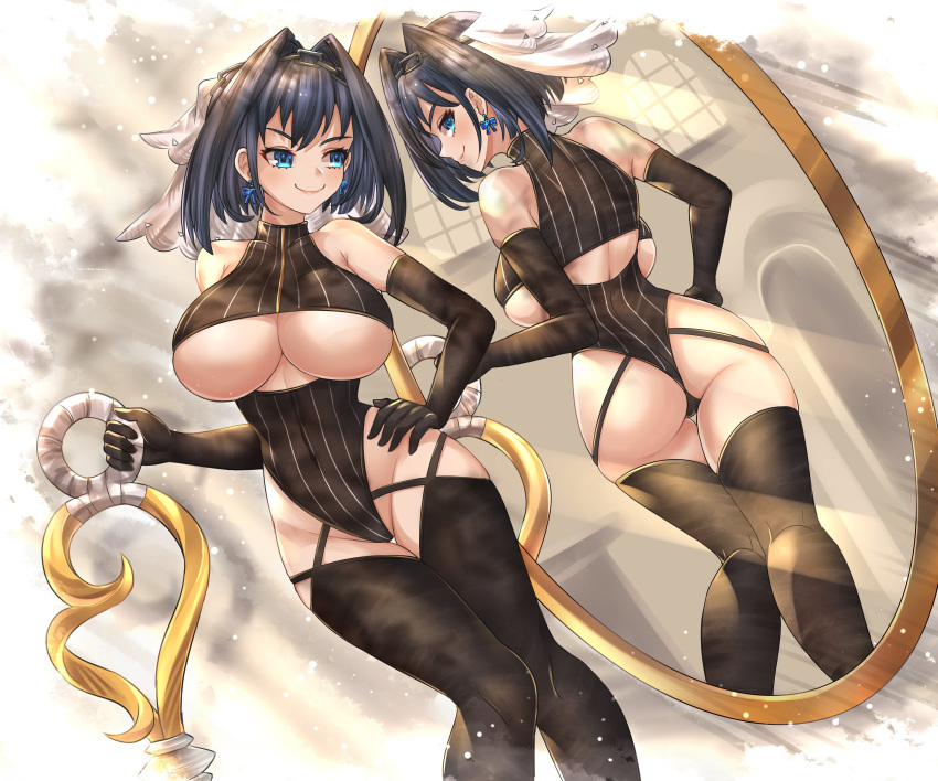 1girl, absurdres, ass, back_cutout, bangs, bare_shoulders, black_gloves, black_hair, black_legwear, black_leotard, blue_eyes, breasts, clothing_cutout, earrings, elbow_gloves, gloves, highleg, highres, hololive, hololive_english, honkivampy, indoors, jewelry, large_breasts, leotard, light_particles, looking_at_mirror, looking_to_the_side, medium_hair, mirror, ouro_kronii, sleeveless, smile, striped_leotard, thigh-highs, under_boob, underboob_cutout, virtual_youtuber, window