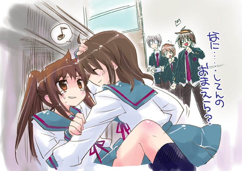 asahina_mikuru, brown_eyes, brown_hair, camera, closed_eyes, genderswap, glasses, kagurazaka_nagu
