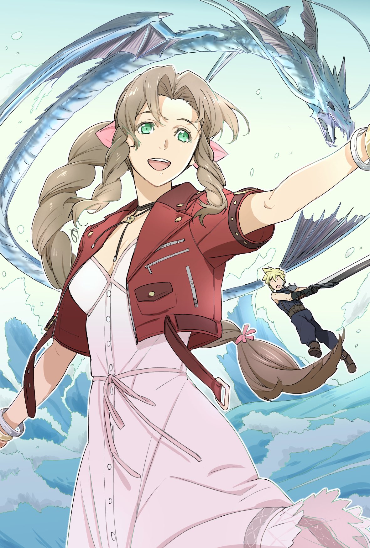 1boy, 1girl, aerith_gainsborough, blonde_hair, blue_pants, braid, breasts, brown_hair