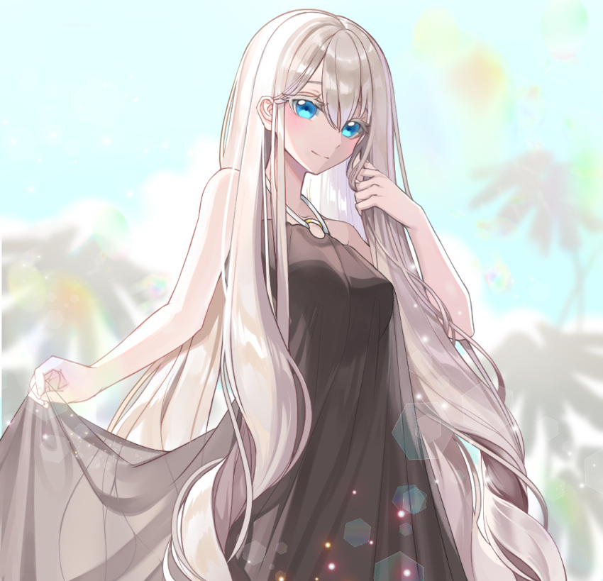 1girl, backlighting, black_dress, blonde_hair, blue_eyes, blurry, blush, bokeh