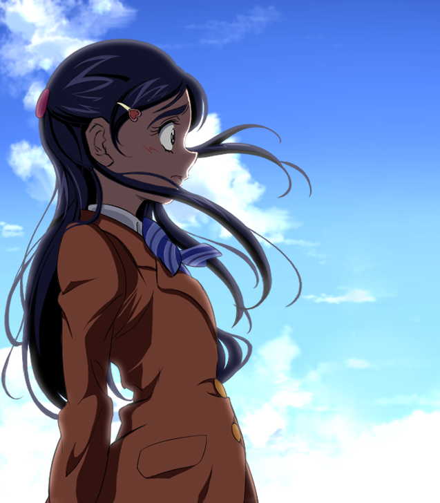 1girl, backlighting, bangs, black_eyes, black_hair, blazer, blue_neckwear, blue_sky