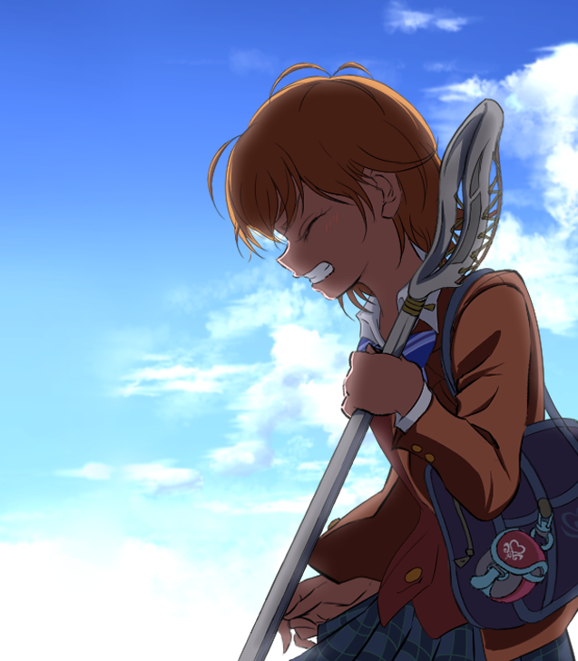 1girl, backlighting, bag, bangs, blazer, blue_neckwear, blue_skirt, blue_sky