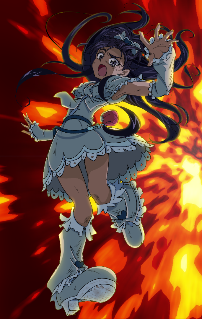 1girl, black_eyes, black_hair, boots, border, bow, commentary_request, cure_erebos, cure_white, dress, earrings, explosion, frilled_dress, frills, frown, futari_wa_precure, gloves, hair_bow, half_gloves, half_updo, heart, heart_earrings, jewelry, jumping, lace-trimmed_dress, lace_trim, leg_warmers, long_hair, looking_at_viewer, magical_girl, open_mouth, partial_commentary, precure, short_dress, solo, white_border, white_dress, white_footwear, white_gloves, white_legwear, white_neckwear, yukishiro_honoka