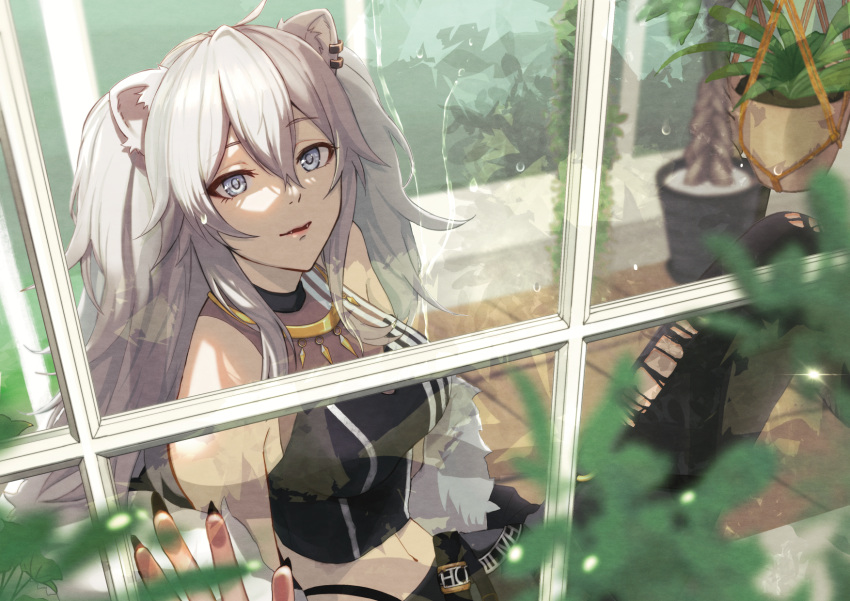 1girl, ahoge, animal_ears, bangs, black_jacket, crop_top, ear_piercing, fur-trimmed_jacket, fur_trim, grey_eyes, grey_hair, highres, hololive, jacket, jewelry, lion_ears, lion_girl, long_hair, messy_hair, nail_polish, necklace, nishidu, piercing, rain, see-through, shirt, shishiro_botan, sidelocks, silver_hair, sleeveless, sleeveless_shirt, solo, two_side_up, virtual_youtuber, window