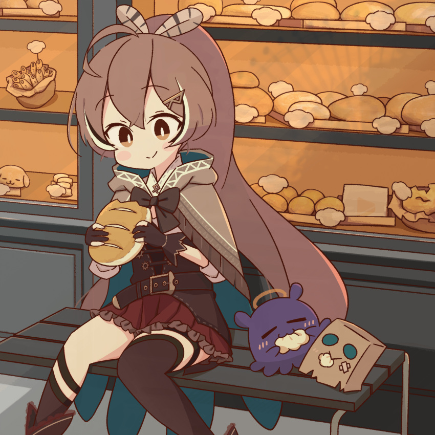 1girl, absurdres, ahoge, ankle_boots, asymmetrical_legwear, bakery, belt, bench, blush, boots, bow, bread, brooch, brown_belt, brown_bow, brown_cloak, brown_corset, brown_eyes, brown_gloves, brown_hair, brown_legwear, cloak, commentary, eating, feather_hair_ornament, feathers, food, friend_(nanashi_mumei), frilled_skirt, frills, gloves, hair_ornament, hairclip, hieroglyphics, highres, holding, holding_food, hololive, hololive_english, hood, hooded_cloak, jewelry, kneehighs, long_hair, multicolored_hair, multiple_others, nanashi_mumei, over-kneehighs, partially_fingerless_gloves, ponytail, potato7192, puffy_sleeves, red_skirt, runes, shirt, shop, single_kneehigh, sitting_on_bench, skirt, streaked_hair, symbol-only_commentary, tako_(ninomae_ina'nis), thigh-highs, very_long_hair, virtual_youtuber, white_shirt
