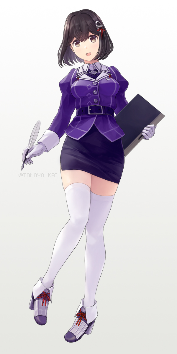 1girl, black_hair, black_neckwear, black_skirt, breasts, brown_eyes, clipboard, collared_shirt