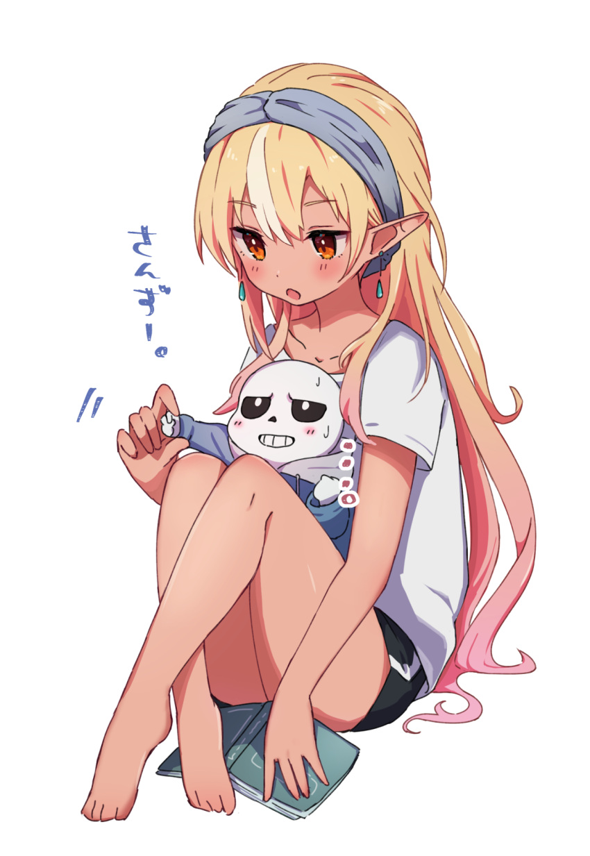 ..., 1boy, 1girl, alternate_costume, bare_legs, barefoot, black_shorts, blonde_hair