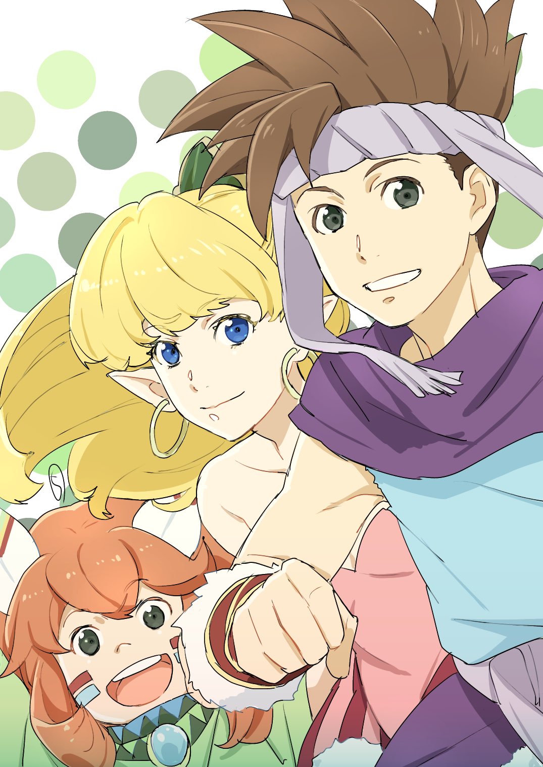 1boy, 1girl, 1other, androgynous, bare_shoulders, blonde_hair, blue_eyes, breasts