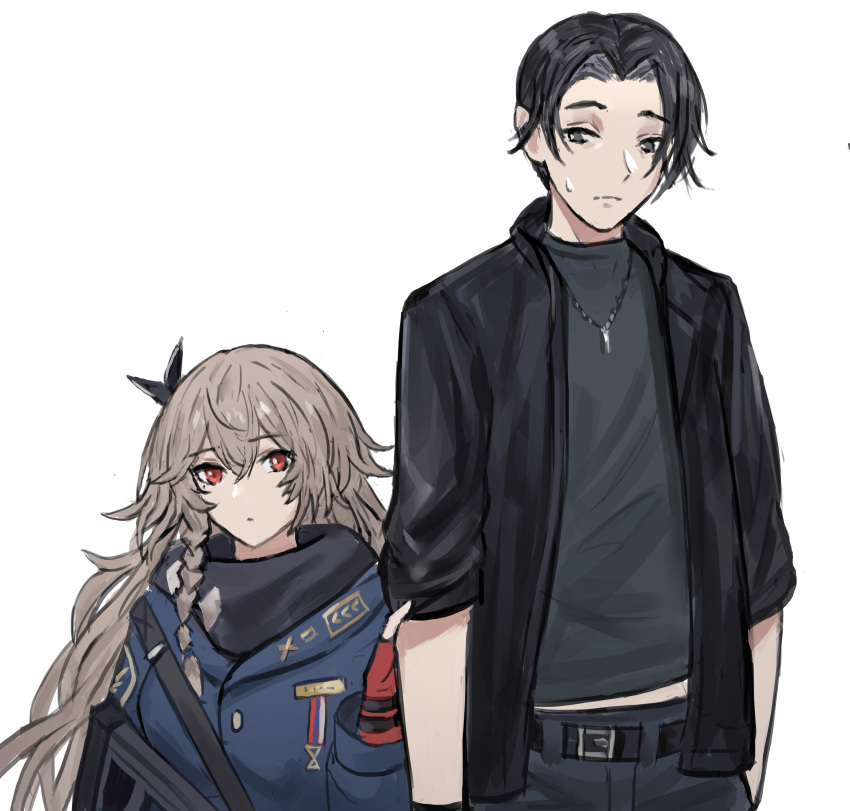 1boy, 1girl, absurdres, black_hair, black_jacket, girls_frontline, height_difference, highres, holding_another's_arm, jacket, long_hair, metal, red_eyes, selcky, sp9_(girls_frontline), very_long_hair