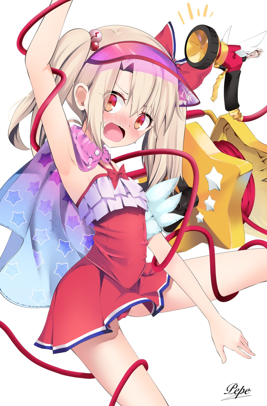 1girl, armpits, bare_legs, blonde_hair, blush, cape, dress, dress_swimsuit, eyebrows_visible_through_hair, fate/grand_order, fate_(series), highres, illyasviel_von_einzbern, illyasviel_von_einzbern_(swimsuit_archer)_(fate), magical_ruby, open_mouth, panties, pei_iriya, red_eyes, red_panties, simple_background, slim_legs, solo, twintails, underwear, visor_cap, white_background