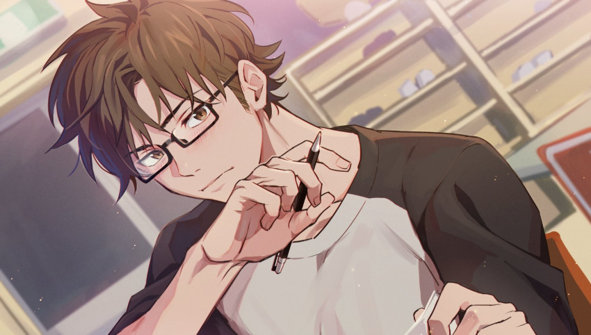 1boy, ace_of_diamond, black_shirt, blush, brown_eyes, brown_hair, closed_mouth, glasses