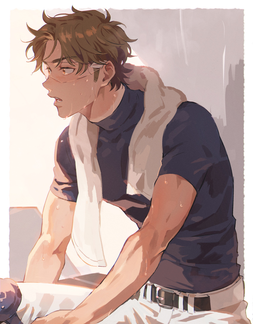 1boy, absurdres, ace_of_diamond, belt, blue_shirt, brown_eyes, brown_hair, glasses