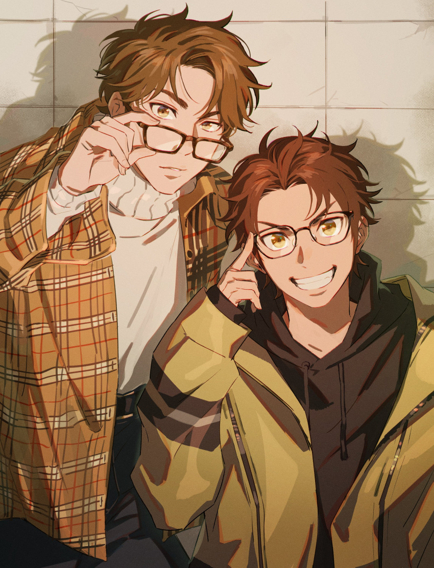 2boys, absurdres, ace_of_diamond, belt, black_shirt, brown_hair, brown_jacket, glasses