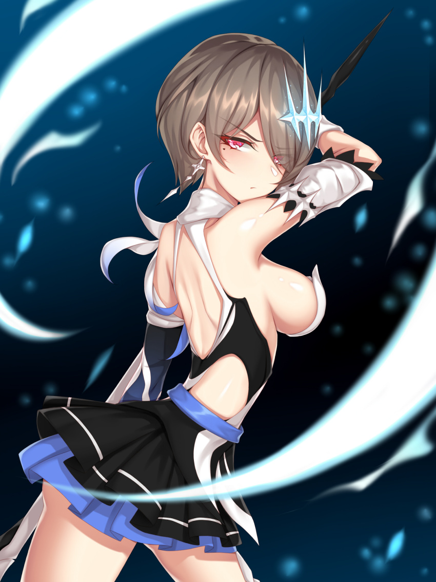 1girl, bangs, bare_shoulders, breasts, brown_hair, closed_mouth, dress, earrings