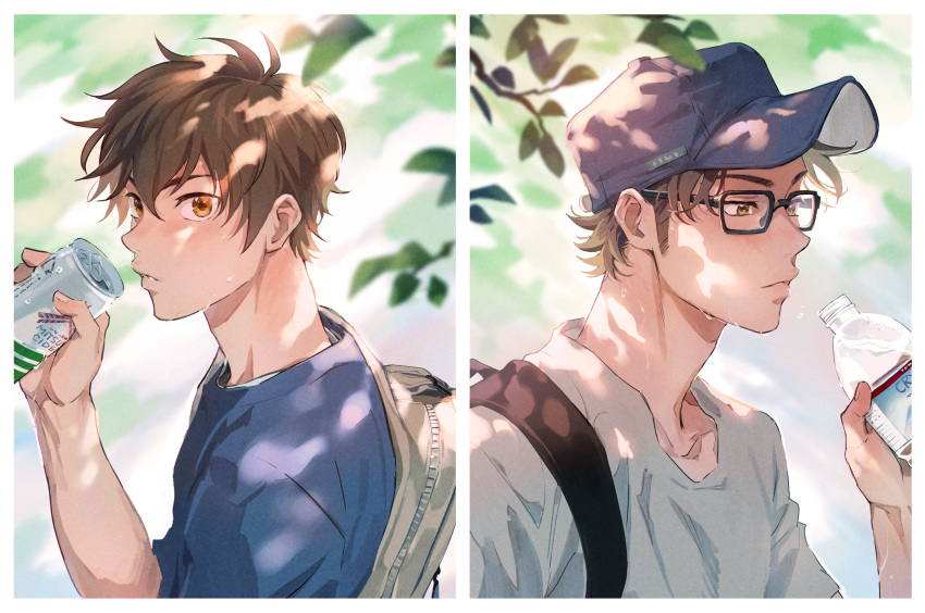 2boys, absurdres, ace_of_diamond, backpack, bag, baseball_cap, blue_shirt, bottle