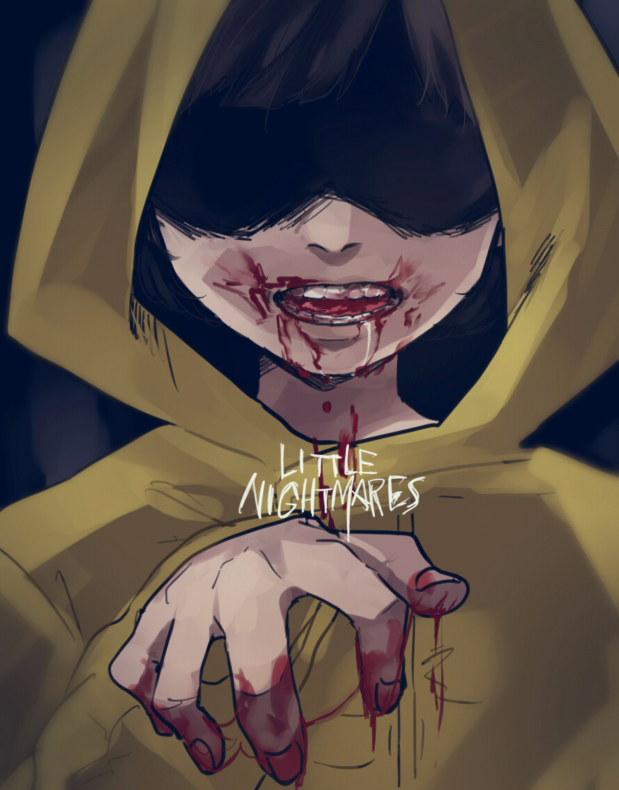 1girl, black_hair, blood, blood_on_face, blood_on_hands, claw_pose, close-up, commentary