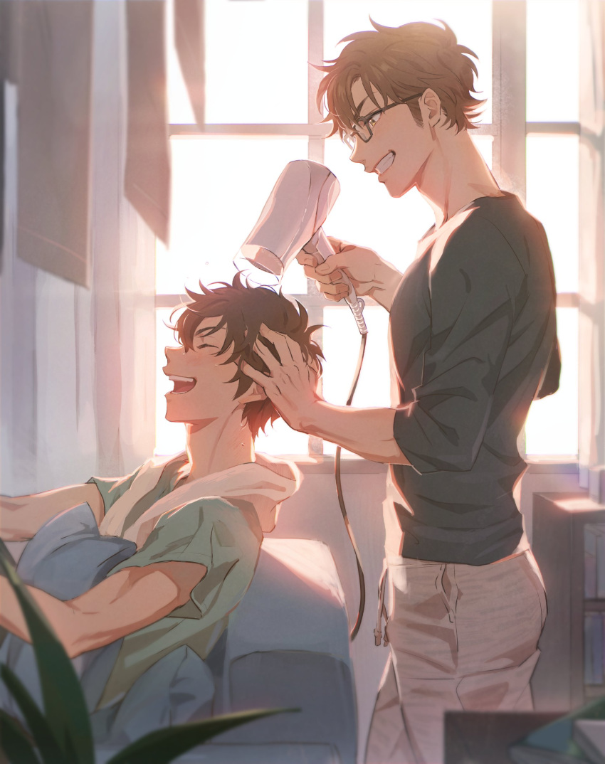 2boys, absurdres, ace_of_diamond, brown_hair, day, drying, drying_hair, glasses