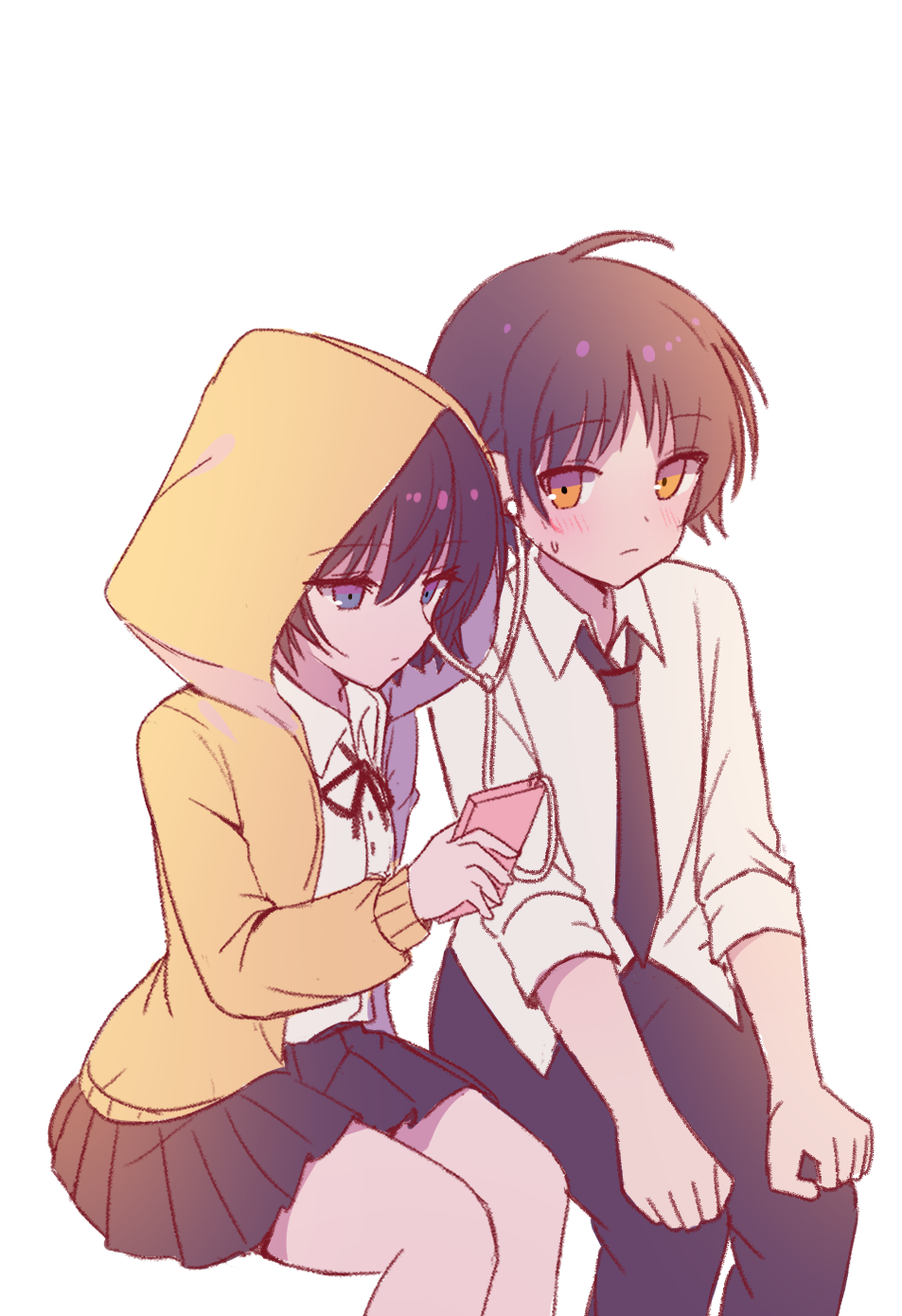 1boy, 1girl, ahoge, alternate_costume, bangs, black_hairband, black_neckwear, black_pants