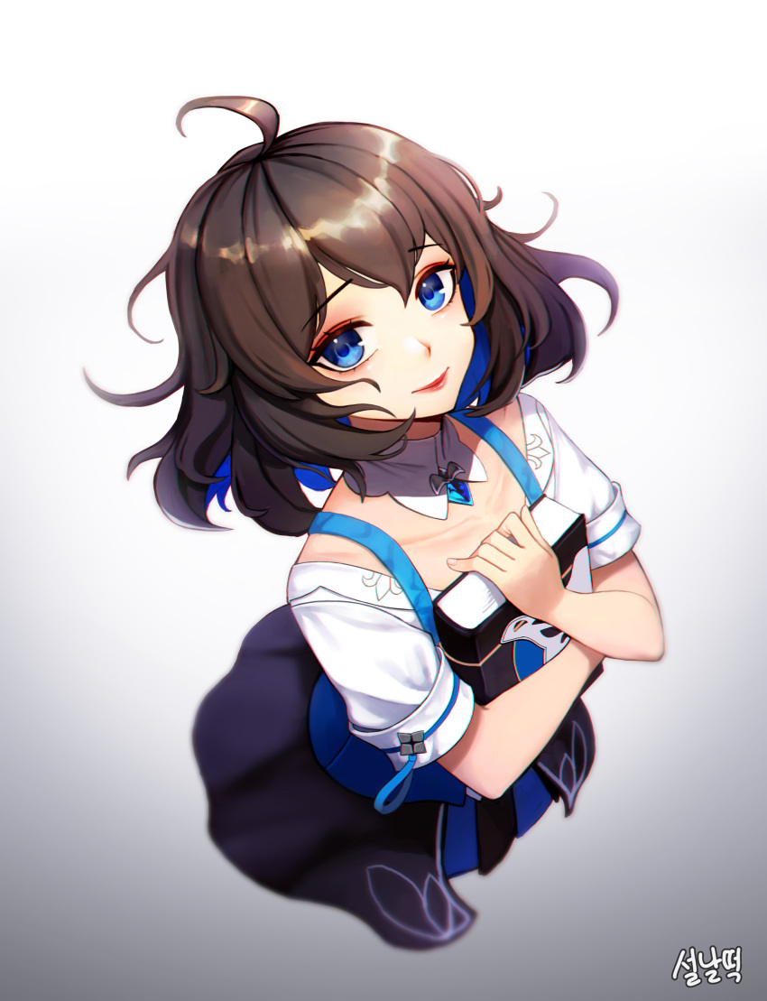 1girl, absurdres, antenna_hair, bangs, blue_eyes, blue_hair, blue_skirt, book