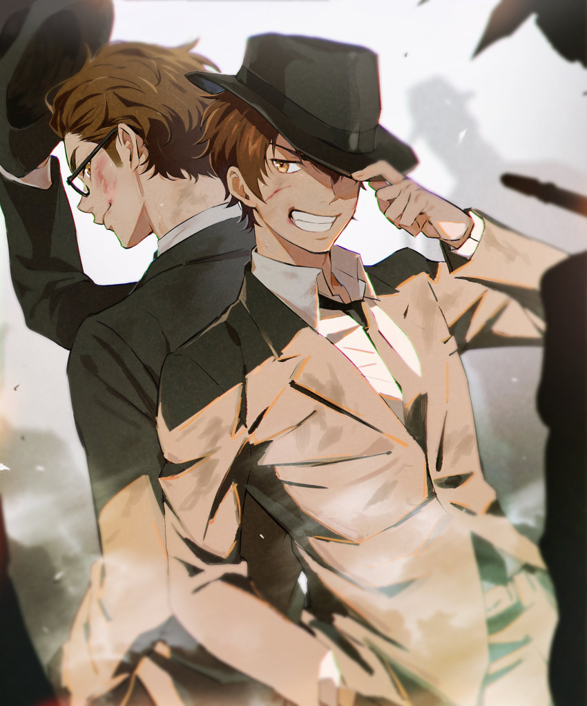2boys, absurdres, ace_of_diamond, back, back-to-back, black_jacket, black_suit, brown_eyes