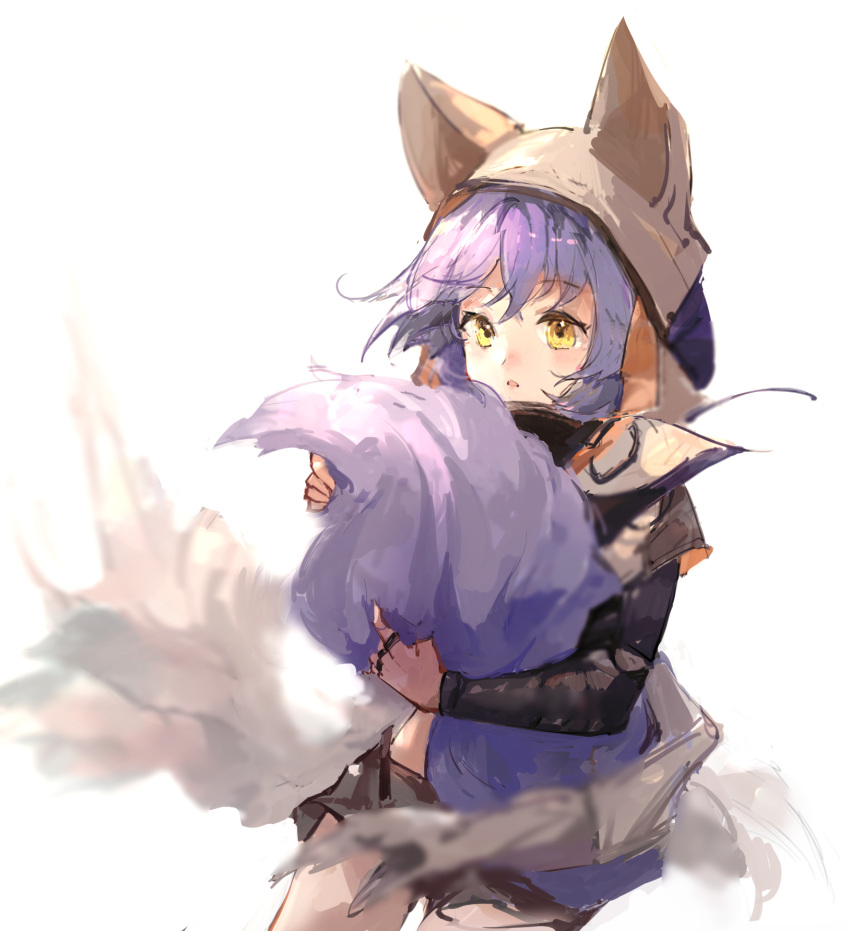 1girl, arknights, black_jacket, black_shorts, cowboy_shot, highres, holding_tail, jacket