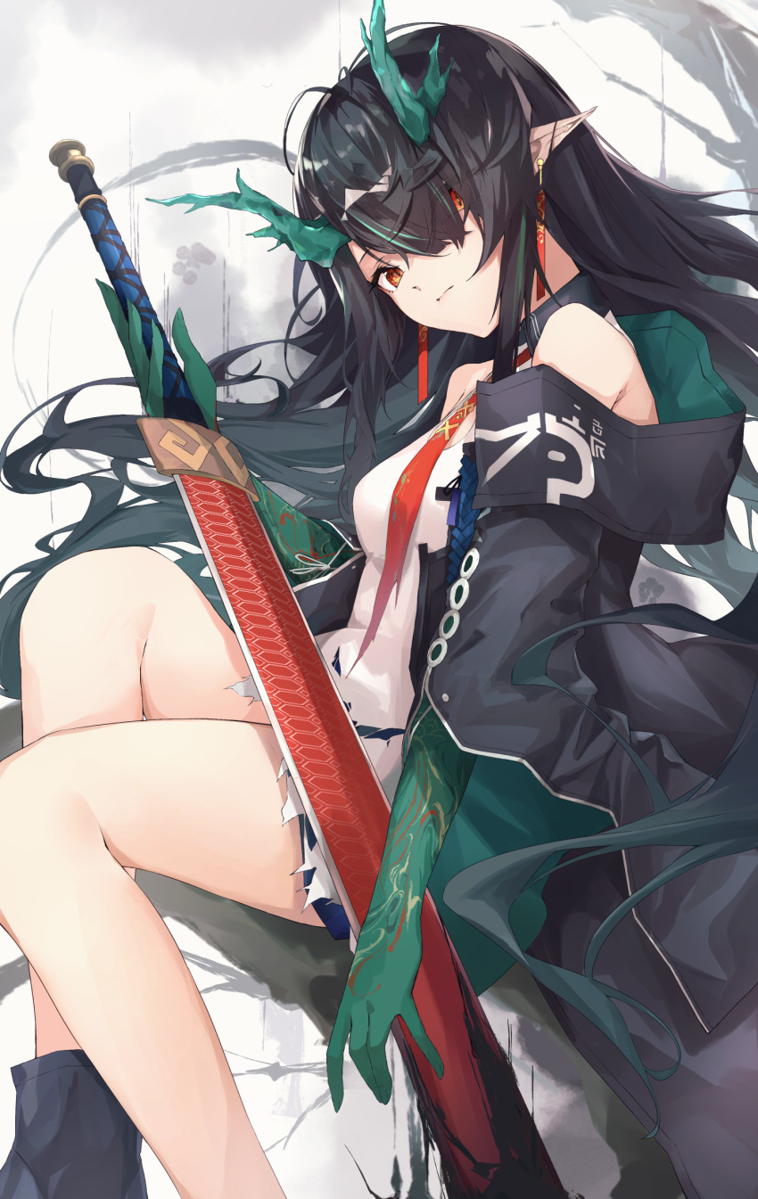 1girl, ankoro_mochi, arknights, black_collar, black_hair, black_jacket, breasts, china_dress