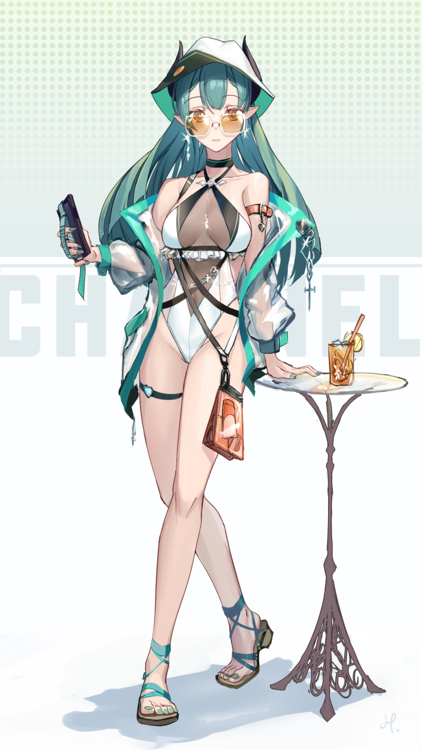 1girl, bangs, barefoot_sandals, breasts, breasts_apart, bucket_hat, cellphone, chinese_commentary