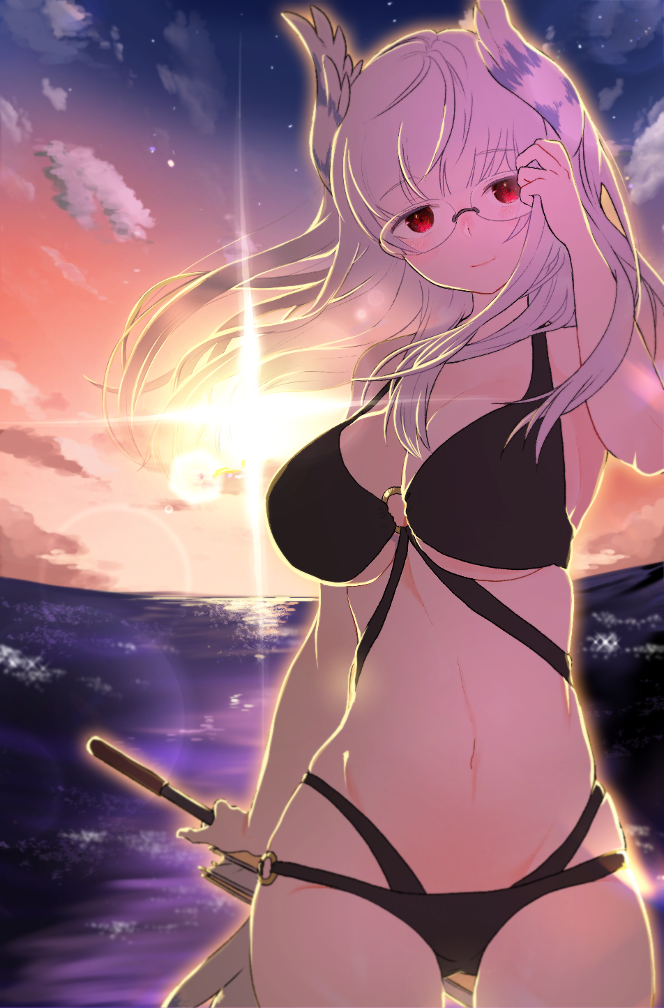 1girl, black_swimsuit, blush, breasts, commentary_request, glasses, head_wings, heidimarie_w._schnaufer