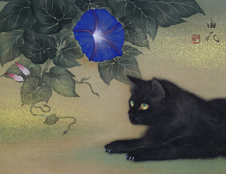 animal_focus, black_cat, blue_flower, cat, flower, leaf, morning_glory, no_humans