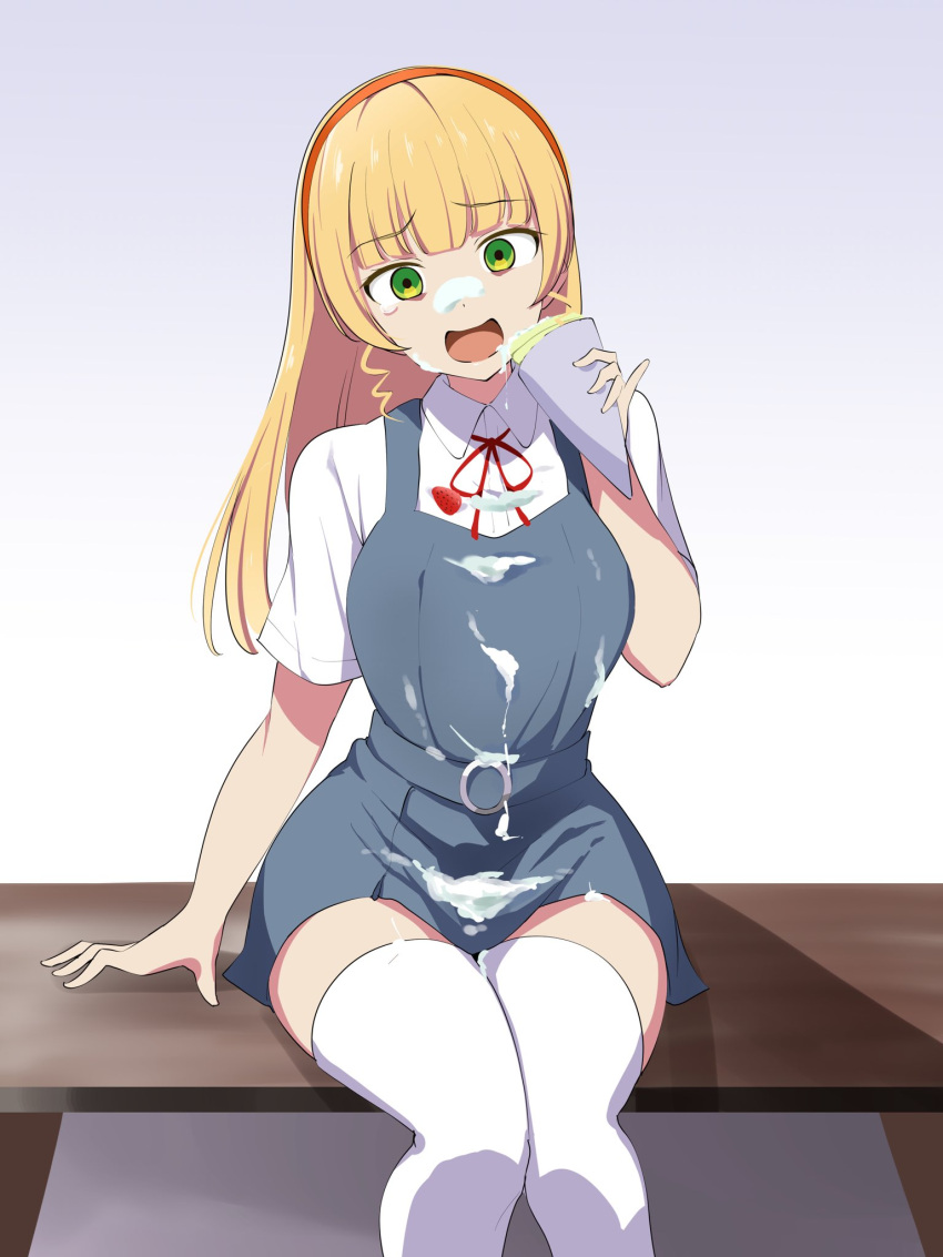 1girl, bangs, barkhorn0331, belt, bench, blonde_hair, bow, bowtie
