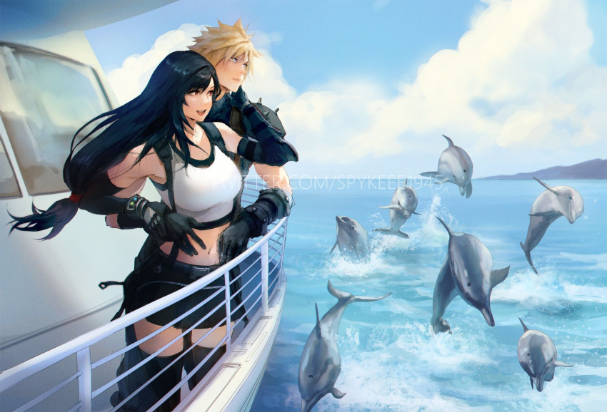1boy, 1girl, :d, armor, black_gloves, black_hair, black_legwear, black_skirt, blonde_hair, blue_eyes, breasts, cloud_strife, commission, crop_top, cruise_ship, dolphin, elbow_gloves, english_commentary, final_fantasy, final_fantasy_vii, final_fantasy_vii_remake, gloves, highres, hug, long_hair, low-tied_long_hair, materia, medium_breasts, midriff, navel, ocean, open_mouth, outdoors, parted_lips, railing, red_eyes, shoulder_armor, skirt, sleeveless, sleeveless_turtleneck, smile, spiky_hair, spykeee1945, suspender_skirt, suspenders, tank_top, thigh-highs, thighs, tifa_lockhart, turtleneck, twitter_username, watermark, web_address, white_tank_top, window, zettai_ryouiki