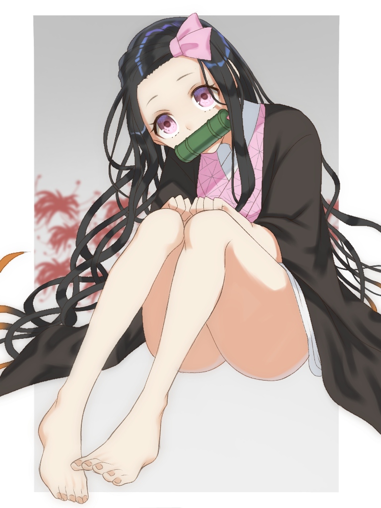 1girl, barefoot, bit_gag, black_hair, blurry, blurry_background, border, bow, brown_hair, feet, flower, gag, gradient_hair, grey_background, hair_bow, haori, japanese_clothes, kamado_nezuko, kimetsu_no_yaiba, kimono, long_hair, looking_at_viewer, multicolored_hair, oshage_(user_kpsn5534), outside_border, pink_bow, pink_eyes, pink_kimono, print_kimono, red_flower, shiny, shiny_hair, short_kimono, sitting, solo, very_long_hair, white_border