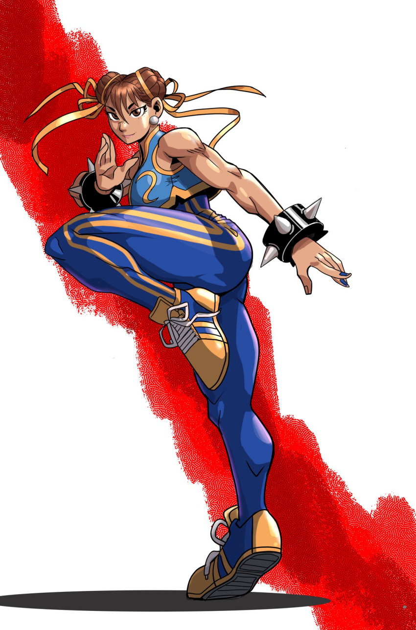 1girl, bannon_rudis, bare_shoulders, blue_bodysuit, blue_nails, blue_vest, bodysuit, bracelet, breasts, brown_eyes, brown_hair, chun-li, double_bun, earrings, full_body, hair_ribbon, highres, jewelry, kung_fu, martial_arts, medium_breasts, muscular, muscular_female, nail_polish, pink_lips, ribbon, shadow, shoes, simple_background, smile, sneakers, spiked_bracelet, spikes, standing, standing_on_one_leg, street_fighter, street_fighter_zero_(series), striped, striped_background, striped_legwear, toned, vest