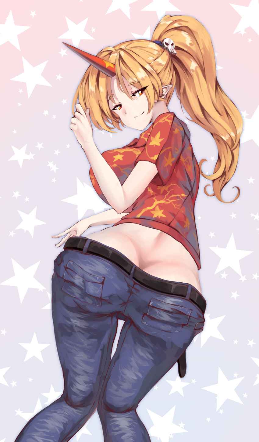 1girl, absurdres, alternate_costume, alternate_hairstyle, ass, back, bangs, belt