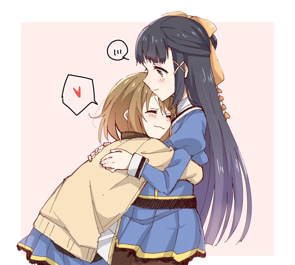 2girls, :3, assault_lily, black_hair, blush, bow, brown_hair, closed_eyes, hair_bow, half_updo, heart, hug, kawamura_yuzuriha, long_hair, multiple_girls, short_hair, smile, spoken_heart, tsukioka_momiji, wataru_(chirimenjako), yuri