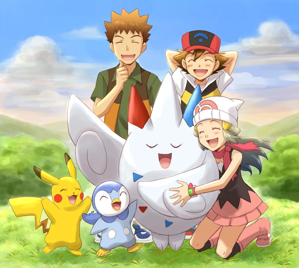 1girl, 2boys, boots, brown_hair, closed_eyes, hat, hikari_(pokemon), kiropin, long_hair, multiple_boys, pikachu, piplup, pokemon, pokemon_(anime), pokemon_(creature), poketch, satoshi_(pokemon), skirt, takeshi_(pokemon), takeshi_(pokemon)_(dp), togekiss, watch, wristwatch