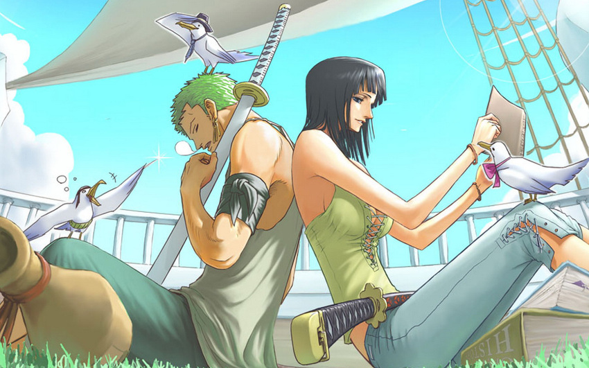 1680x1050, 1boy, 1girl, back-to-back, bird, black_hair, blue_eyes, book