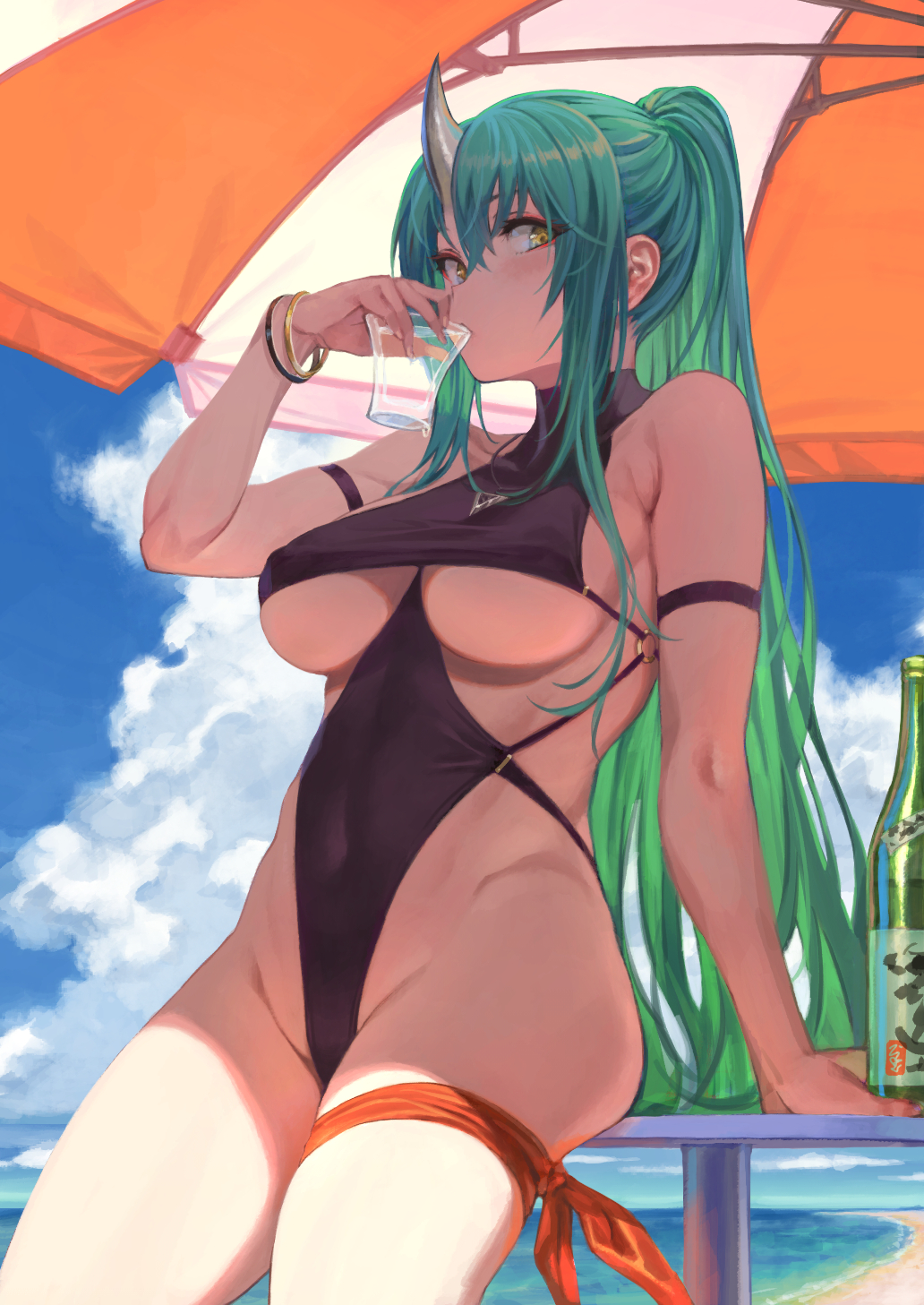 1girl, arknights, arm_up, armband, ass, bare_shoulders, beach, beach_umbrella, between_breasts, bikini, black_bikini, blue_sky, bracelet, breasts, clouds, collarbone, drinking, green_hair, hair_between_eyes, highres, horns, hoshiguma_(arknights), jewelry, long_hair, looking_at_viewer, makeup, mascara, o-ring, okita_ababa, ponytail, ring, sand, sidelocks, single_horn, sitting, sky, soju, solo, strapless, strapless_bikini, swimsuit, table, thigh_strap, thighs, umbrella, water, waves, yellow_eyes