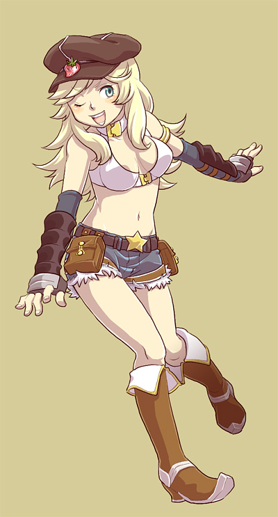 1girl, :d, bangs, belt, belt_buckle, bikini, bikini_top, blonde_hair, blue_gloves, blue_shorts, blush, boots, breasts, brown_belt, brown_footwear, brown_headwear, buckle, cabbie_hat, commentary_request, elbow_gloves, fingerless_gloves, full_body, fur-trimmed_shorts, fur_trim, gloves, green_background, green_eyes, hat, long_hair, looking_to_the_side, medium_breasts, midriff, navel, nyt_(1-0-z), one_eye_closed, open_mouth, ragnarok_online, short_shorts, shorts, simple_background, smile, solo, star_(symbol), strawberry_hat_ornament, swimsuit, vambraces, white_bikini, whitesmith_(ragnarok_online)