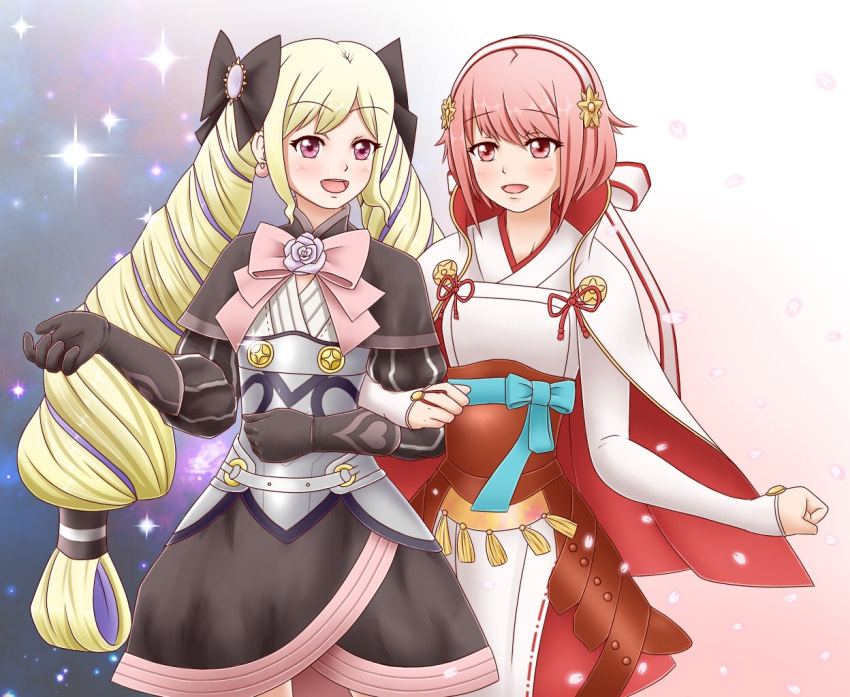 2girls, amezuku, armor, blonde_hair, bow, elise_(fire_emblem), fire_emblem, fire_emblem_fates