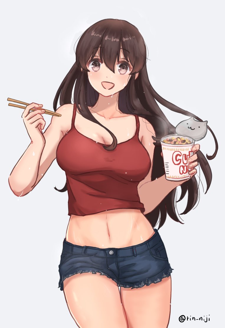 1girl, akagi_(kancolle), black_shorts, blush, breasts, brown_eyes, brown_hair, chopsticks