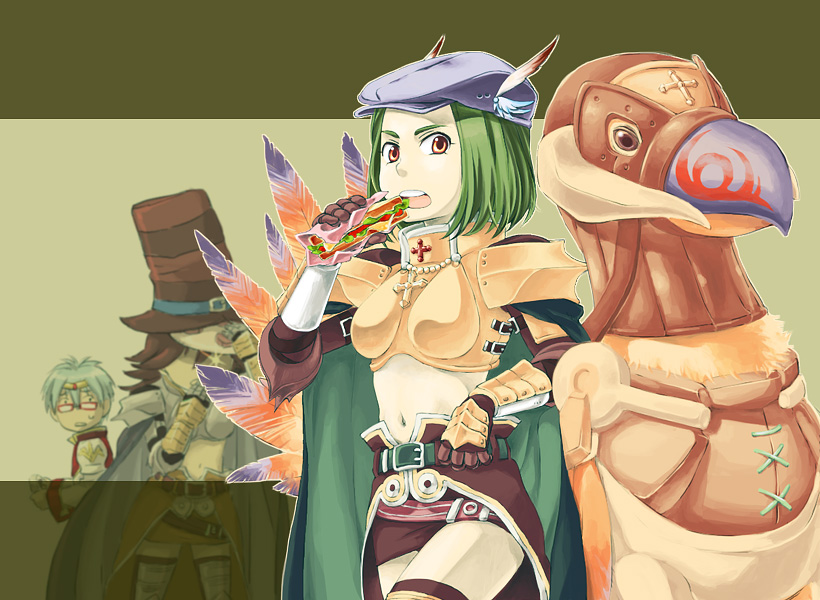 1boy, 2girls, animal, armor, bangs, bird, blue_cape, blue_hair